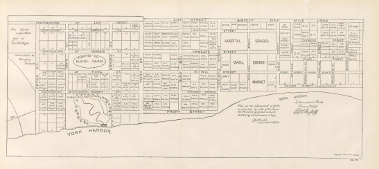 This is a transcription of a 1797 sketch plan for enlarging the settlement of York. Note the clear grid pattern. See here for more details about this map.