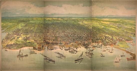 By the 1890s, Toronto was a city of industry that had expanded well beyond the original grid. More info on this 1893 lithograph here.