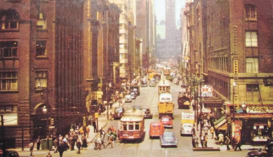 Before glass and steel: Bay Street looking north from King, 1950s. Chuckman's Toronto.