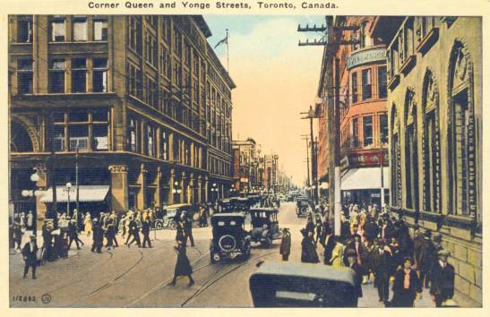 Yonge & Queen, c. 1920: Bustling with life. Chuckman's Toronto.