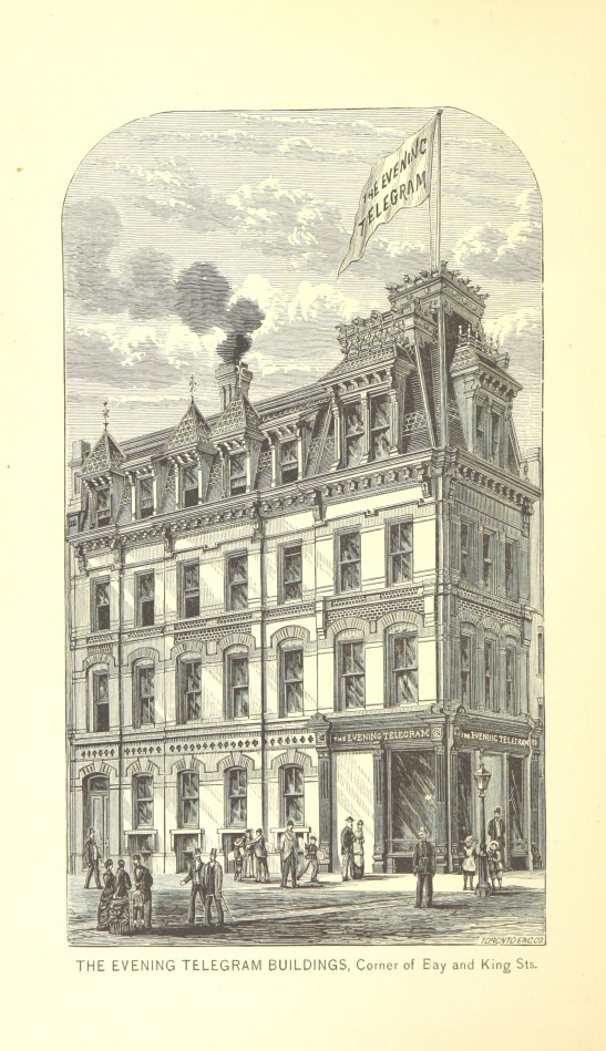 Before skyscrapers: The Evening Telegram building on the SW corner of Bay & King, 1884. Wikipedia Commons